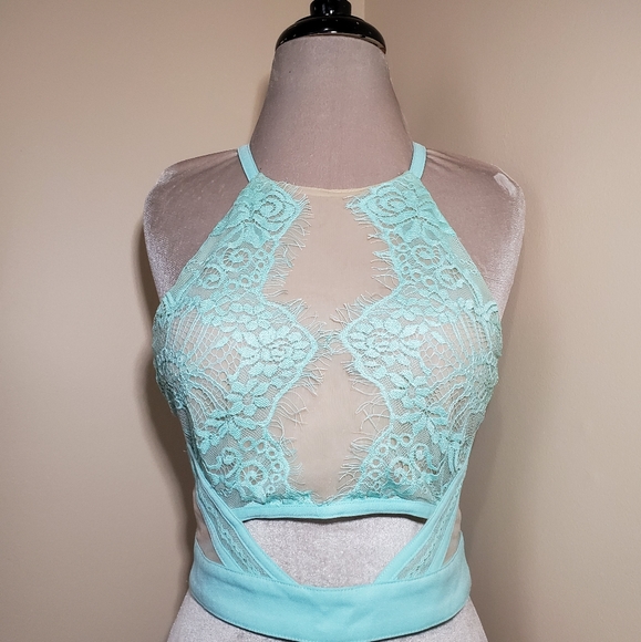 Luxxel Tops - SOLD Luxxel Blue Nude Illusion Lace Cut Out Crop